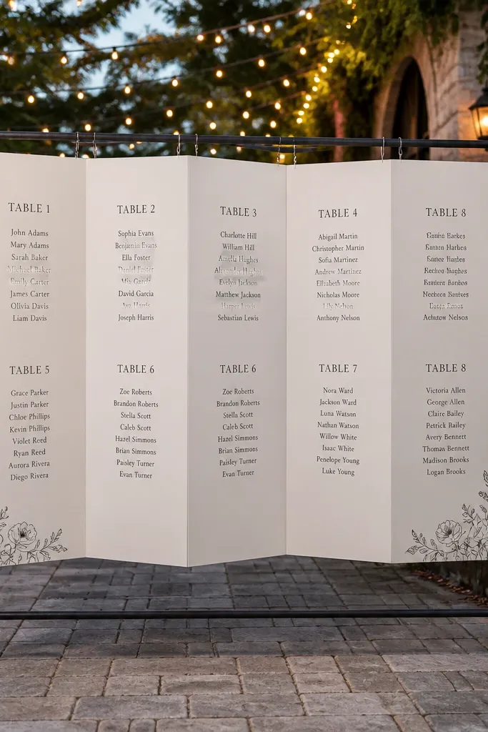 Fold-out accordion seating chart mounted like a book on a frame.