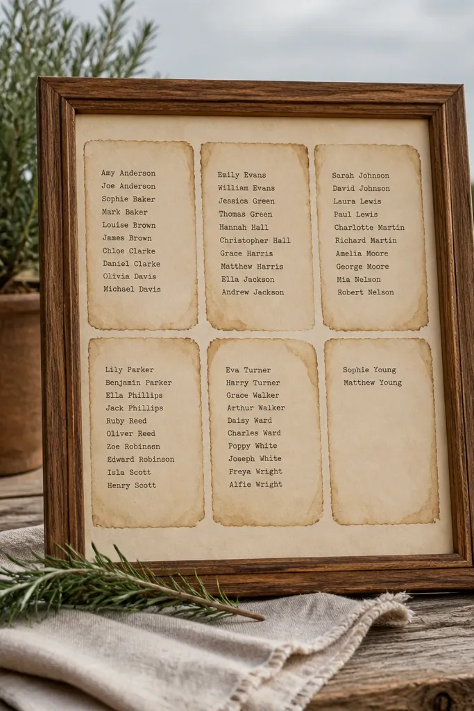 A seating chart made from vintage-looking pages with typed guest names and table headings.