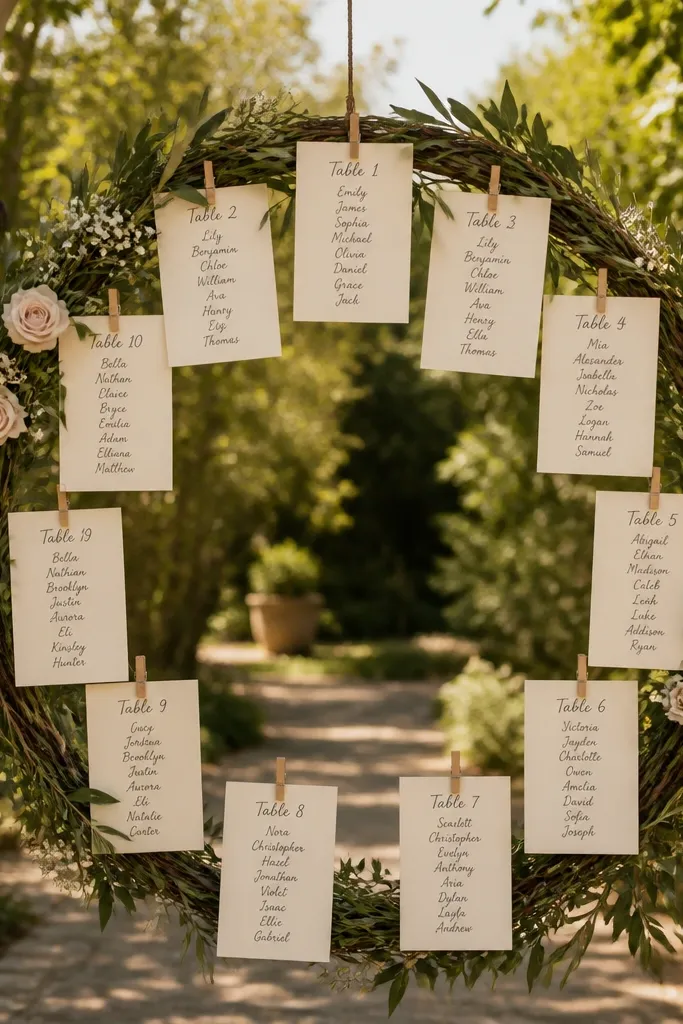 Wreath-style book seating chart with mini clothespins holding table cards.