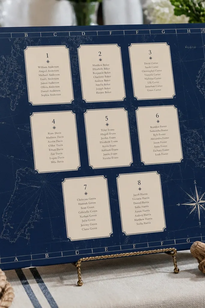 Navy map-style book seating chart with table coordinates and name lists.