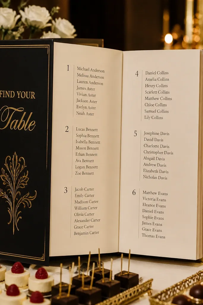 Gold foil title book seating chart with numbered page tabs and guest name cards.