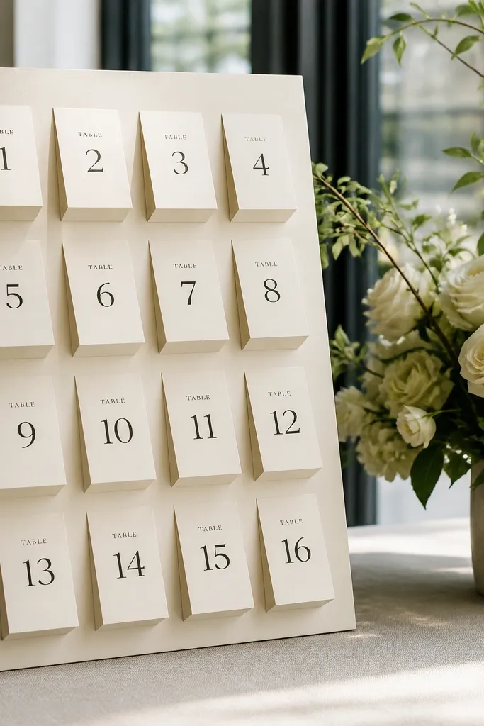 Origami-style folded pages seating chart with table number booklets.