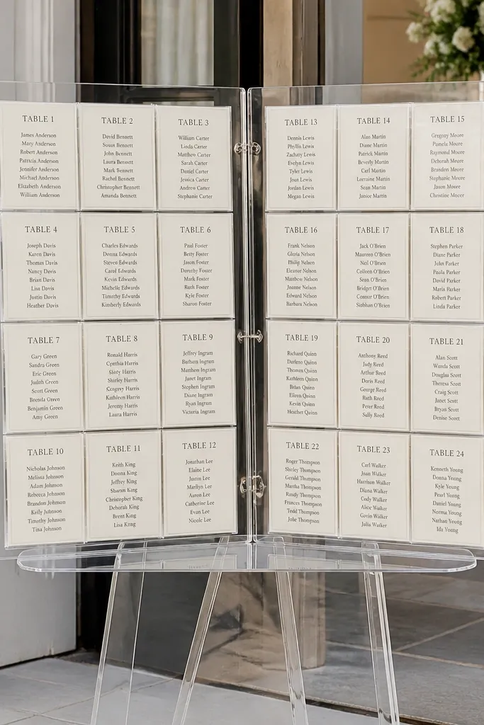 Transparent pocket organizer book seating chart on a stand with table headers and name cards.