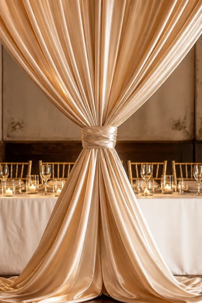 Champagne satin curtain panels with a centered knot behind a sweetheart table