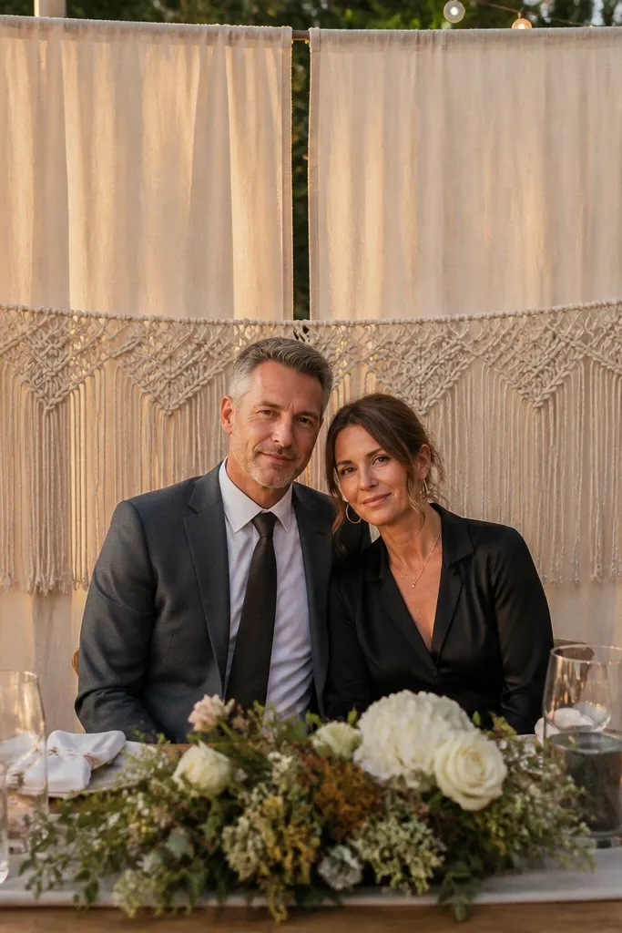 Ivory linen panels behind a sweetheart table with a narrow macramé runner in the center