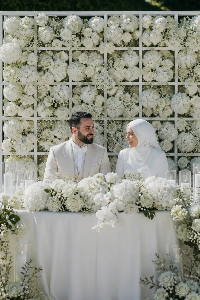 A freestanding white floral grid panel behind the sweetheart table