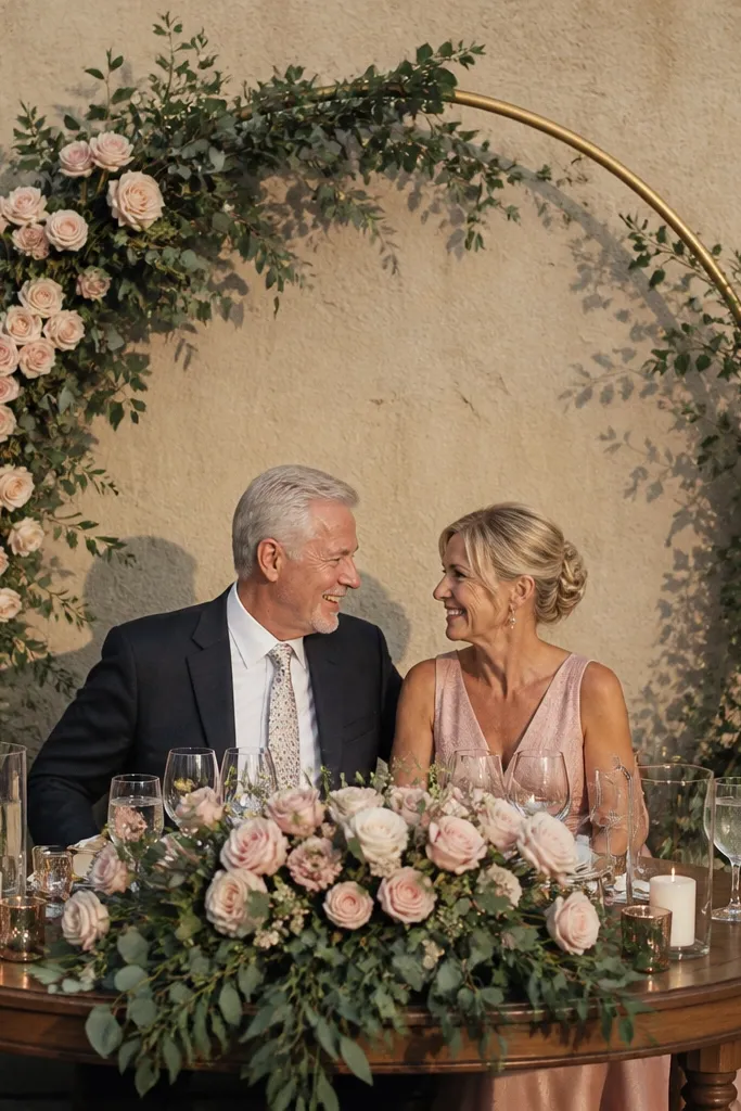Greenery and blush roses arranged in a half-moon behind the sweetheart table