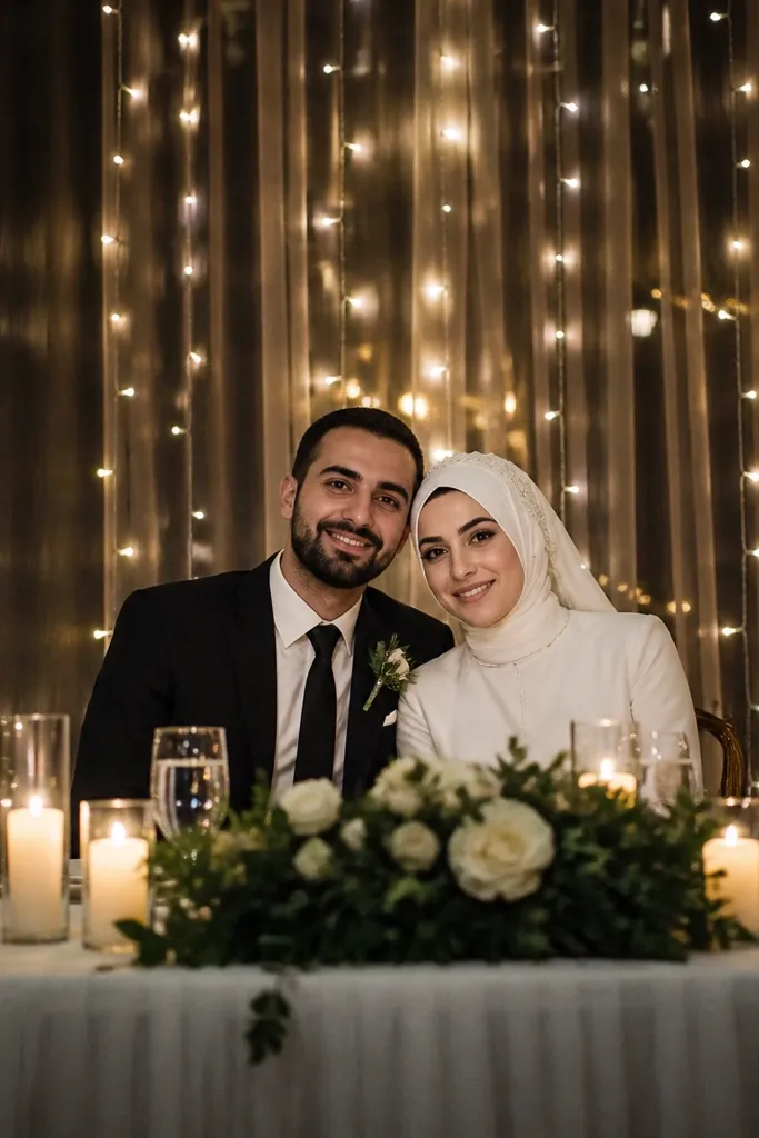 Warm white fairy lights behind sheer fabric panels behind the sweetheart table