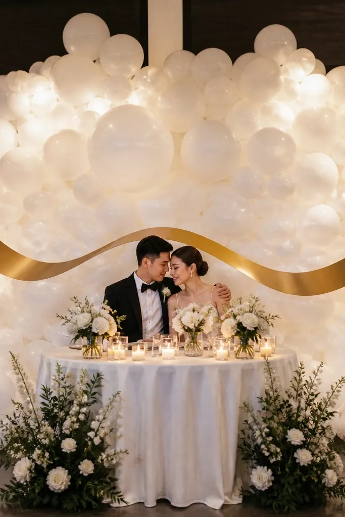 A white balloon garland wall with a gold ribbon sweep behind the sweetheart table