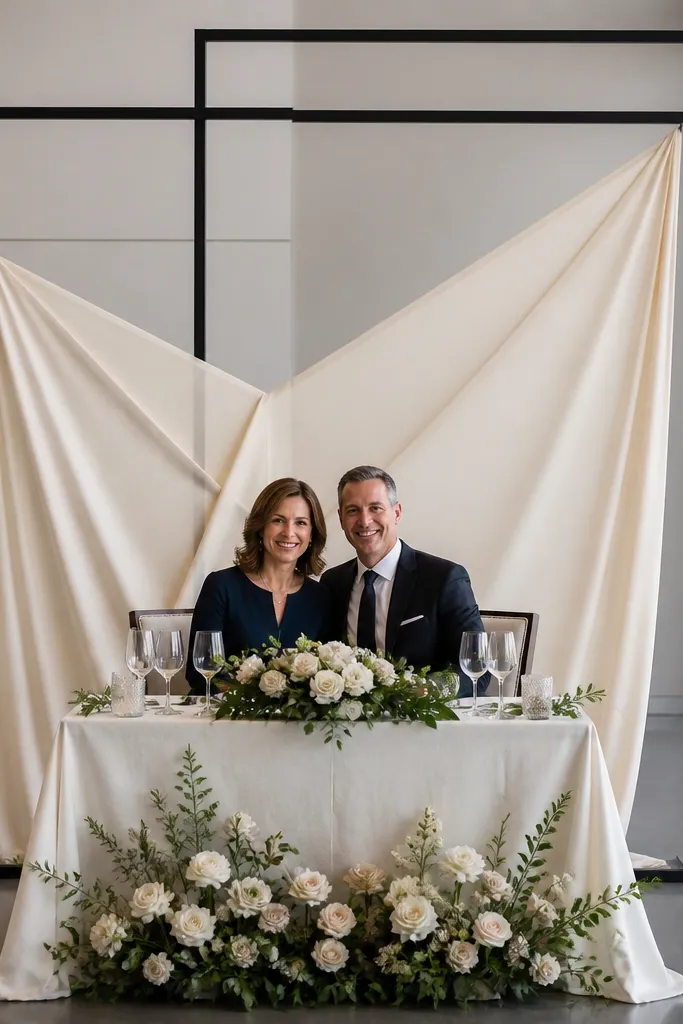 A slim black rectangular frame with cream fabric panels behind the sweetheart table