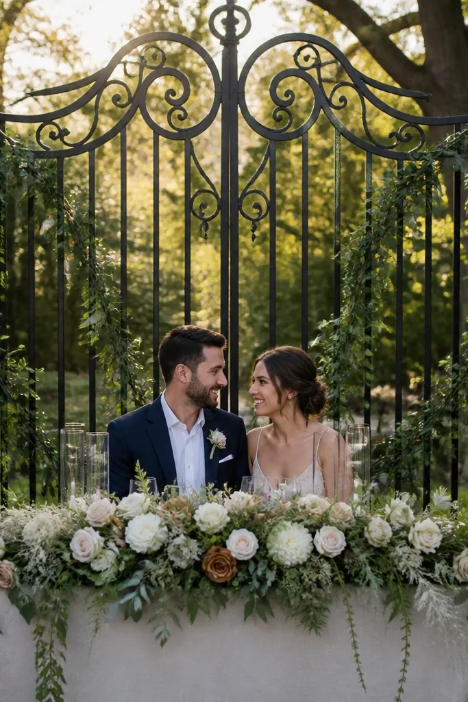 A garden gate backdrop with faux vines and greenery garland behind the sweetheart table