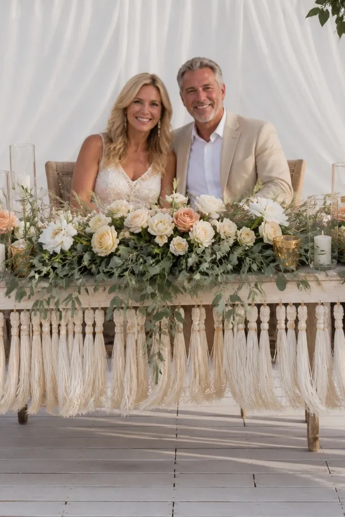 White fabric backdrop with hanging tassel fringe at the bottom behind the sweetheart table