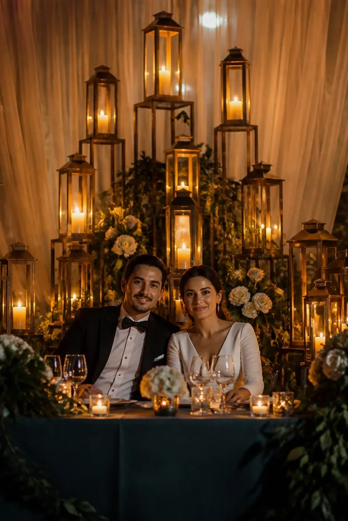 Tall lanterns and sheer ribbon backdrop behind the sweetheart table