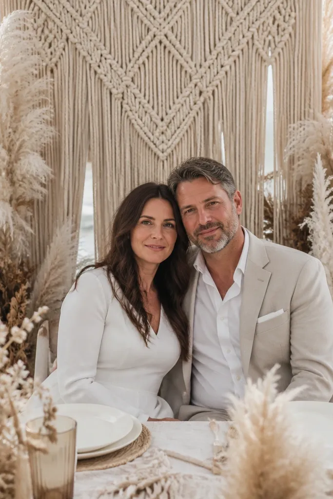 Macramé wall hanging with pampas plumes in a neutral palette behind the sweetheart table