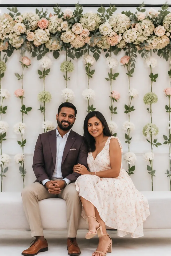 A tension backdrop frame covered in florals with a neat top row behind the sweetheart table