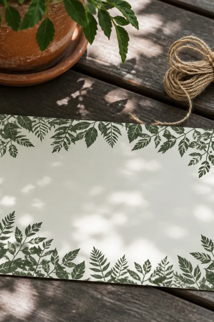 Dark green leaf silhouettes along the top and bottom edges with a plain center.