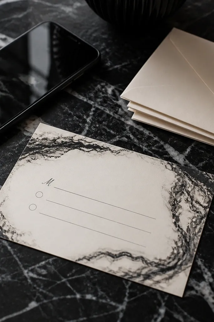 Ivory card with black marbled texture only in the corners.