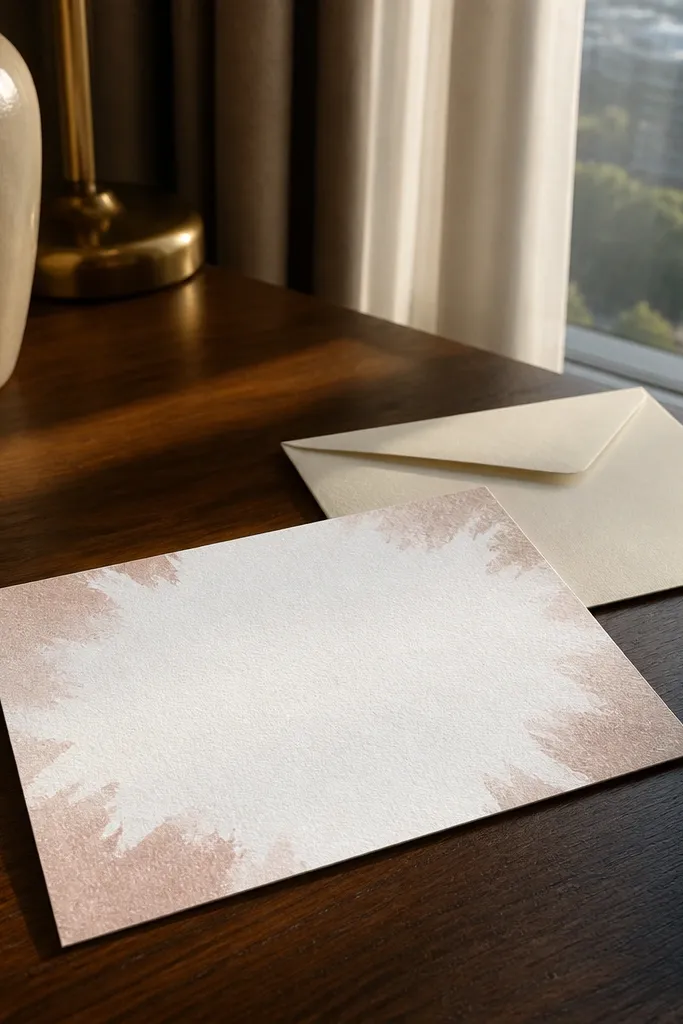 White card with scattered blush paint blotches around the edges.