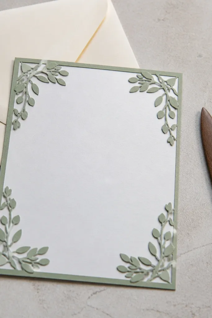 Cream card with sage paper cutout shapes in the corners.