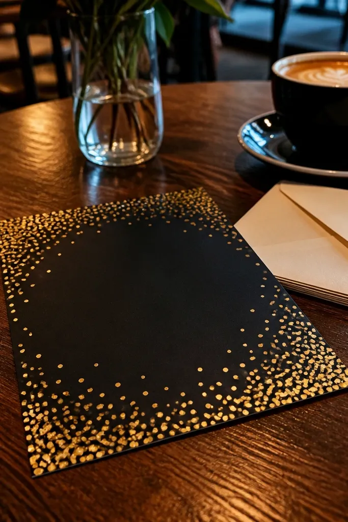 Black background with scattered gold dots, denser near the corners.