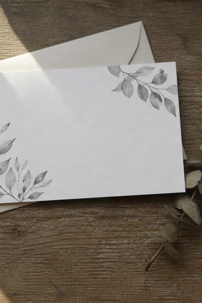 Muted gray-green watercolor sprigs in the corners with a near-white center.