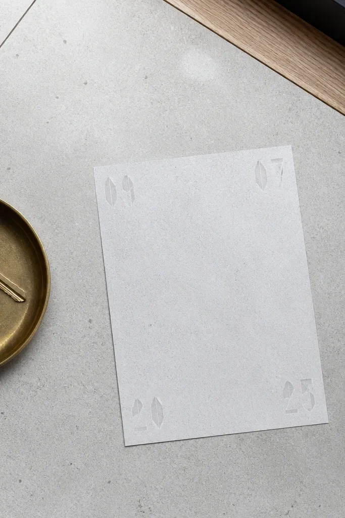 Light gray concrete texture with small decorative numbers in corners.