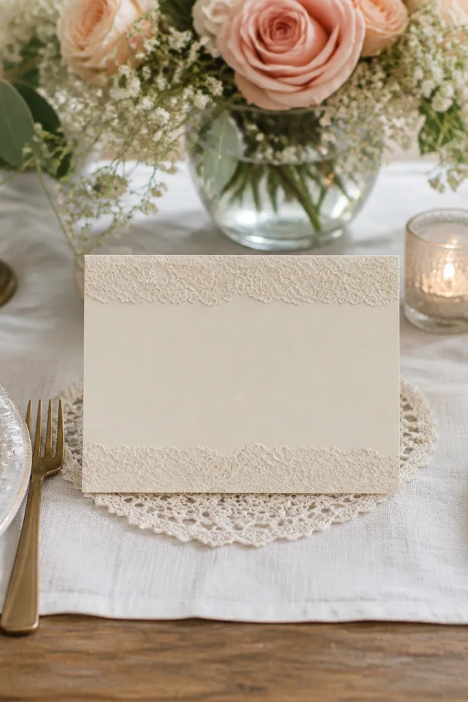Ivory card with lace pattern only along the top and bottom edges.