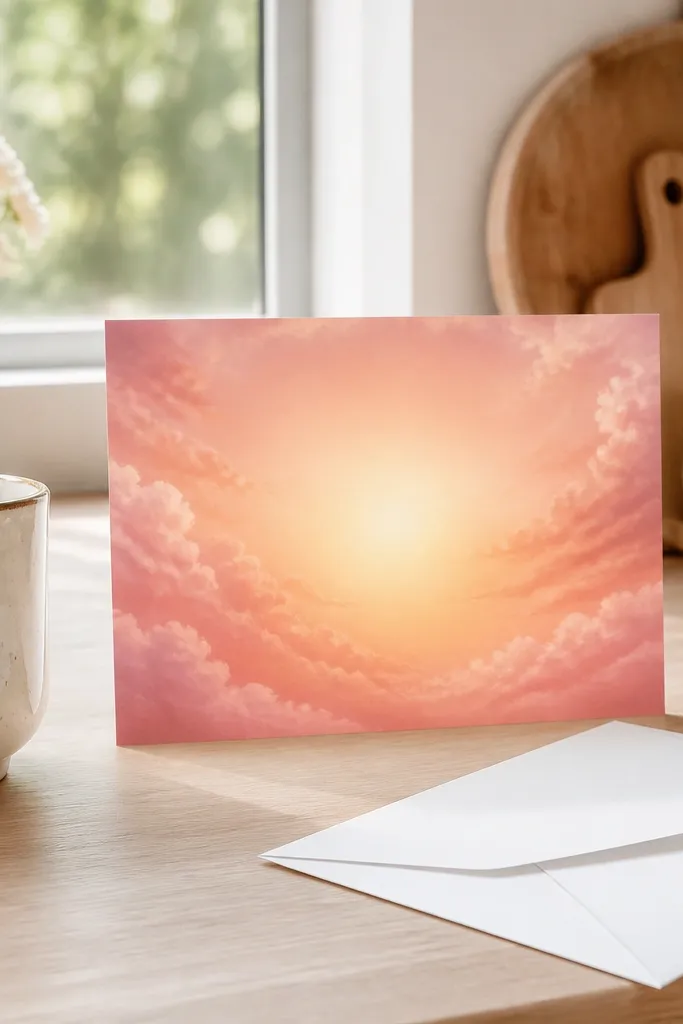 Pink-to-peach sunrise gradient with soft cloud texture centered.