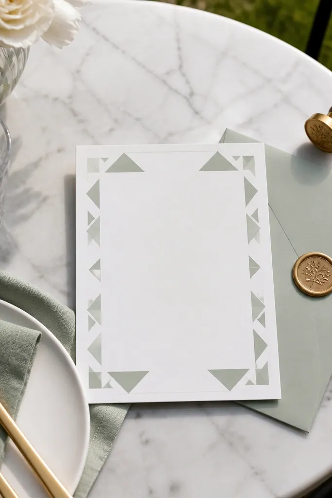 Cream card with pale sage triangles and lines in the corners.