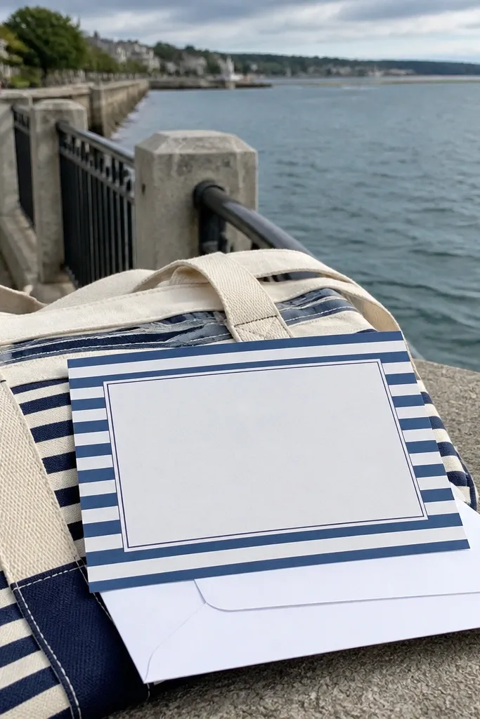 Navy and white horizontal stripes with a clear lighter center panel.