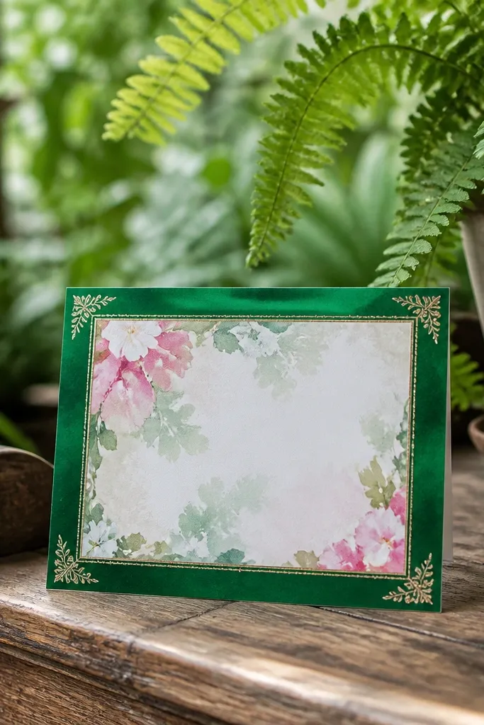 Emerald green frame around a soft blurred floral center on white.