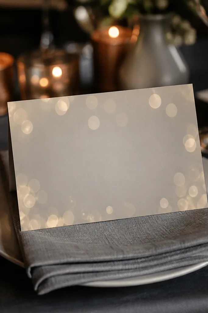 Soft gray background with scattered champagne-colored circles.