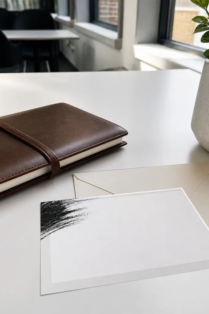 White card with a soft black brushstroke only in one corner.