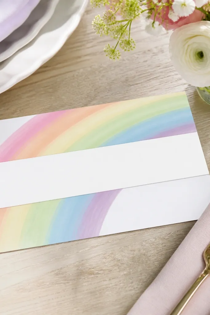 Pastel rainbow sweep across the top with a white band for text.