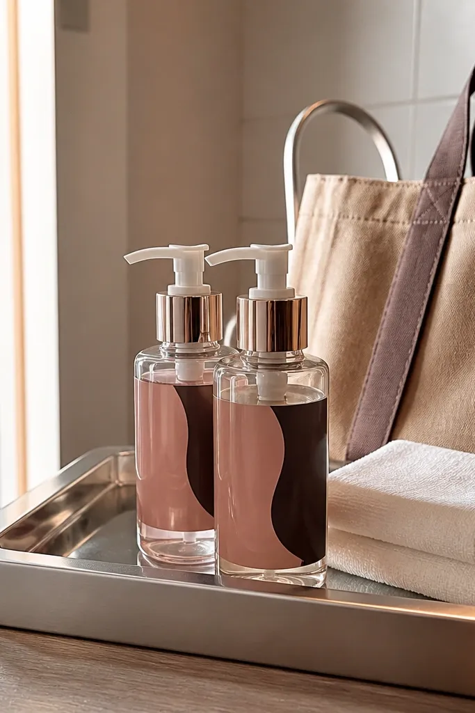 Small bottles of hotel soap wrapped in cream tissue with a thin rose ribbon