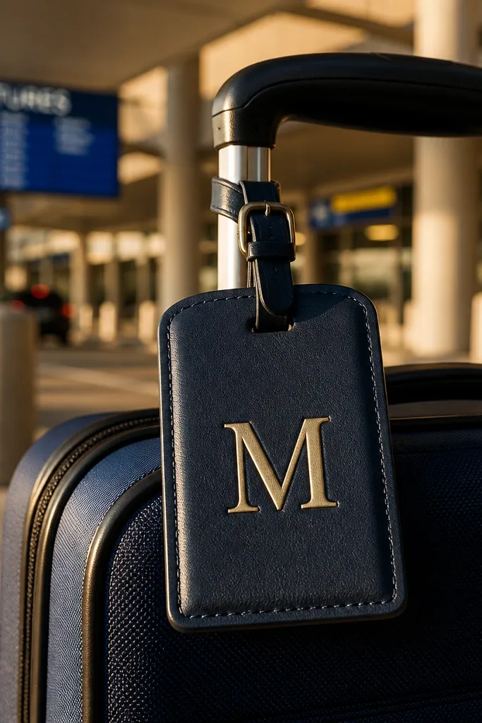 Leather luggage tag with a simple monogram letter clipped to a tan suitcase
