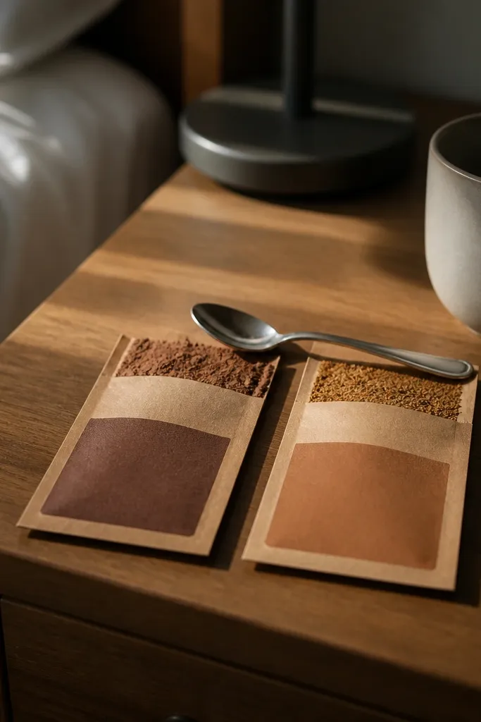 Two small jars of coffee mix with a tiny metal spoon on cream paper