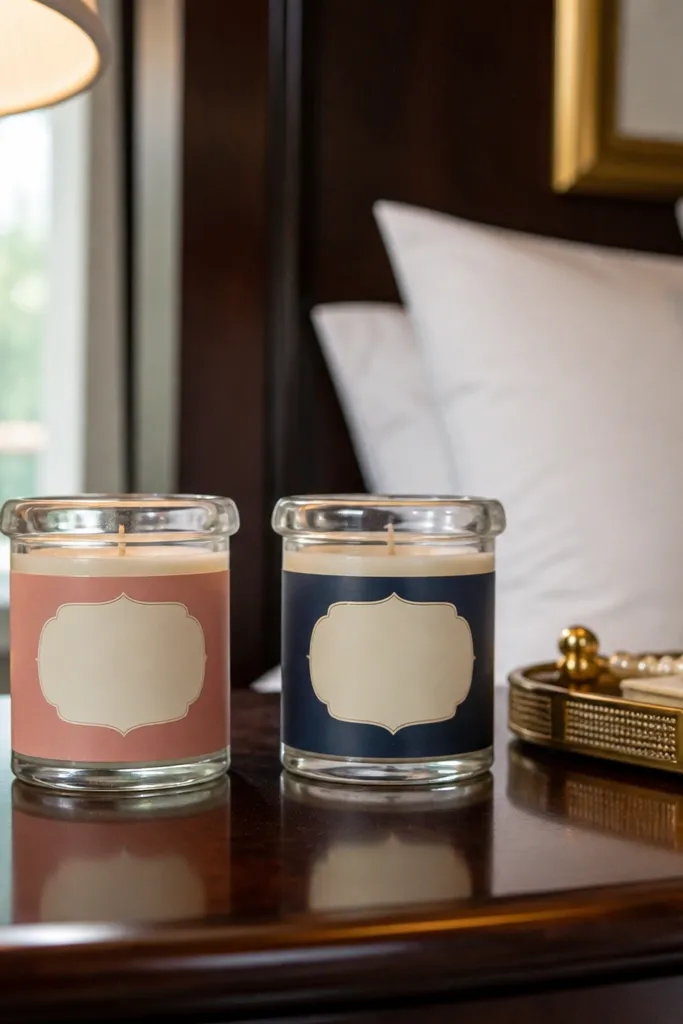 Small glass jar candles on a white table with a dusty rose label sticker