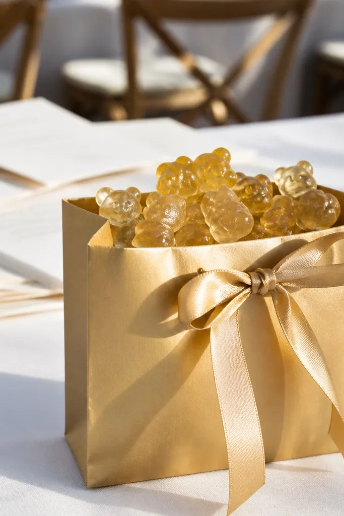 Gold-toned gummy bears in a small clear bag tied with satin cream ribbon