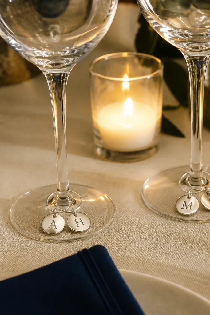Set of small glass charms with initials hanging from ribbon beside wine glasses