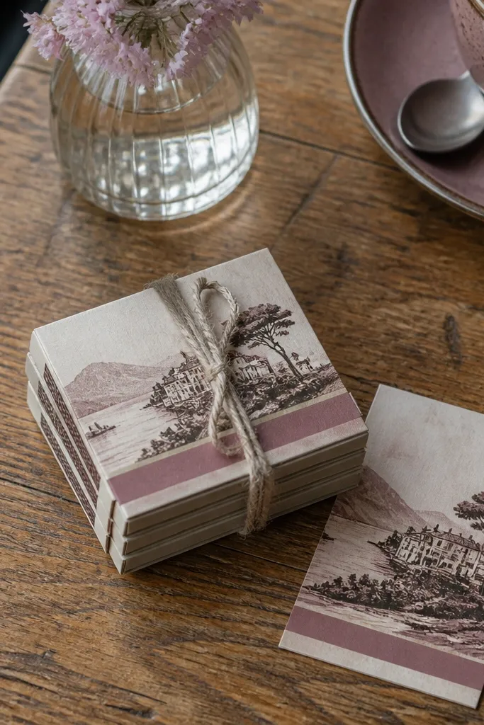 Small matchbooks in a row with a tiny card on cream paper