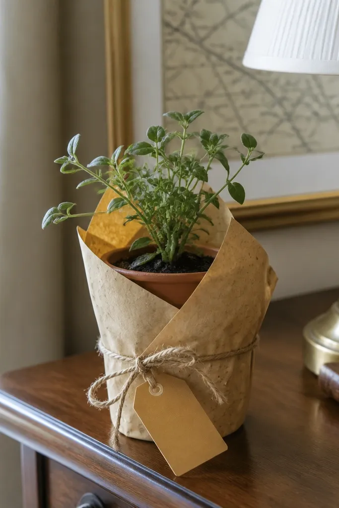Small potted plant wrapped in seed paper sleeve with a simple white label