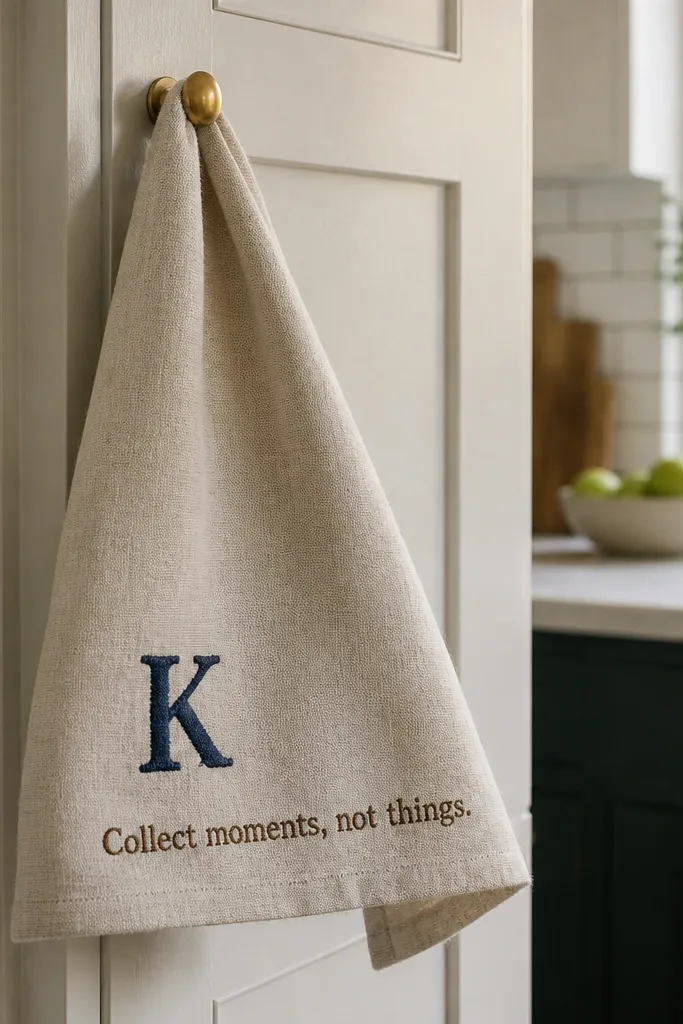 Cream tea towel with a small espresso monogram and one short line of text