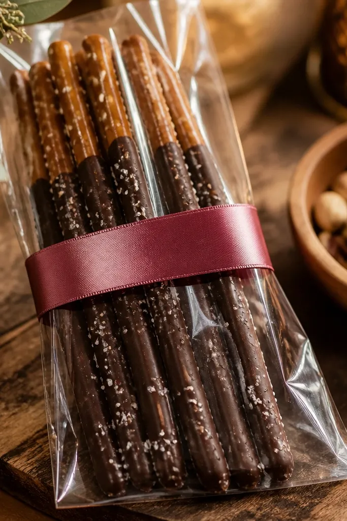 Chocolate-dipped pretzel sticks in a clear bag tied with espresso ribbon