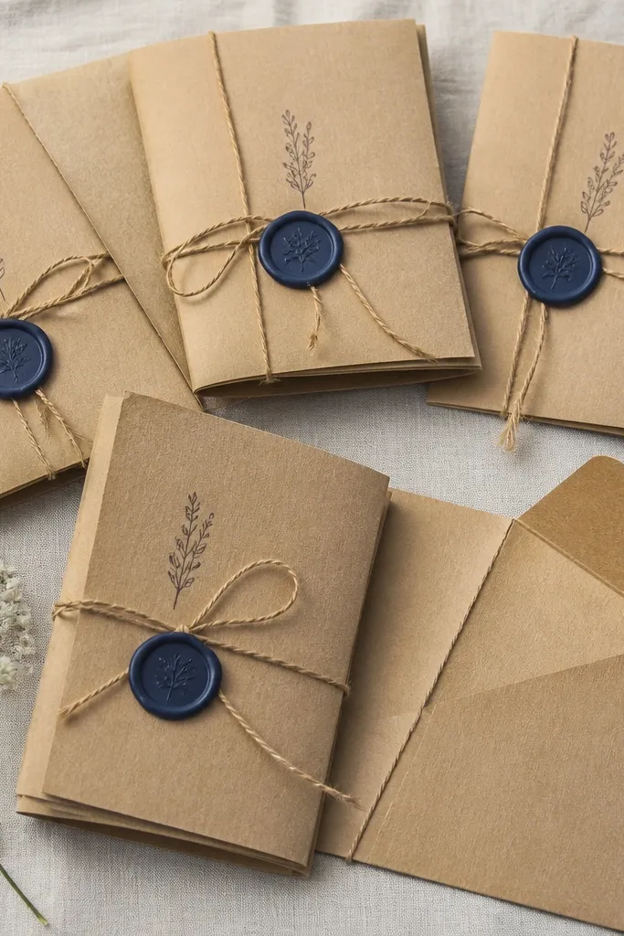 Five small kraft envelopes tied with twine on a white table