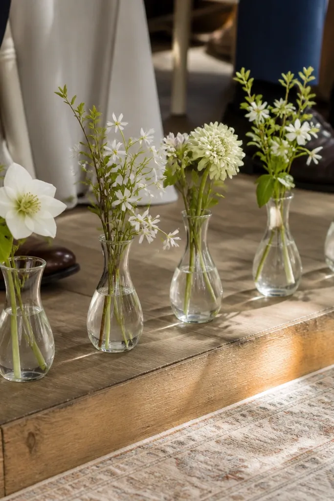 Three small clear bud vases lined along the front of a stage with white flowers
