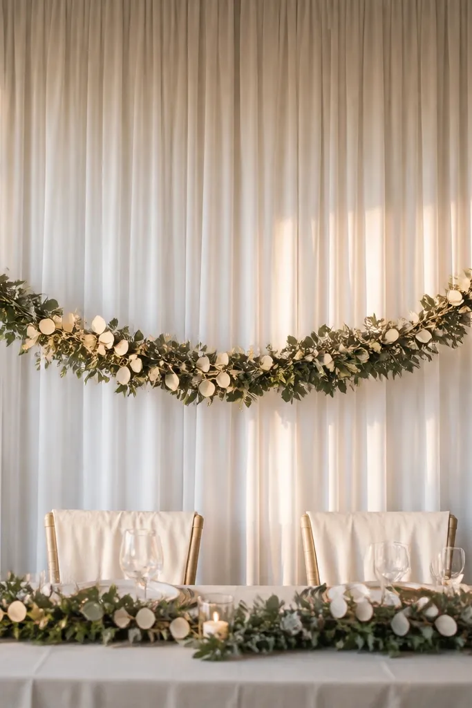 A soft sage-and-cream garland draped across the back of a stage bar