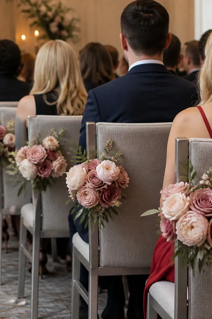 A compact blush rose cluster tucked behind two ceremony chairs