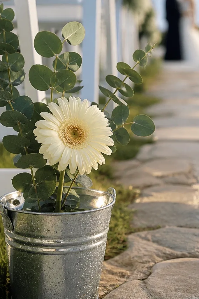 A small metal bucket on the stage with one cream bouquet stem arrangement
