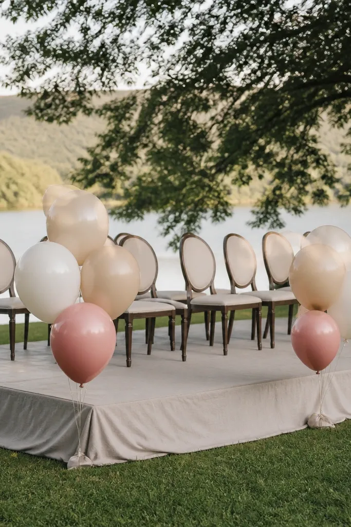 A bunch of matte balloons tied low on the stage with one ribbon accent
